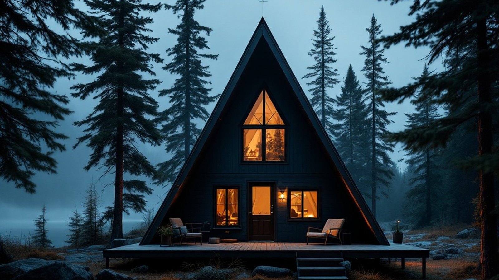 Exterior of an A-frame cabin at dusk, steep roofline framed by tall pines