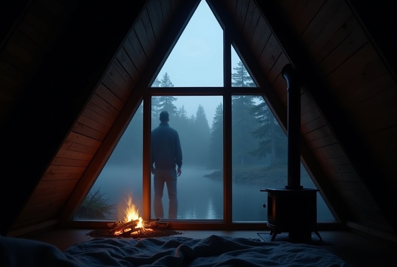 Interior upward angle showing the triangular peak of an A-frame and a window with forest light