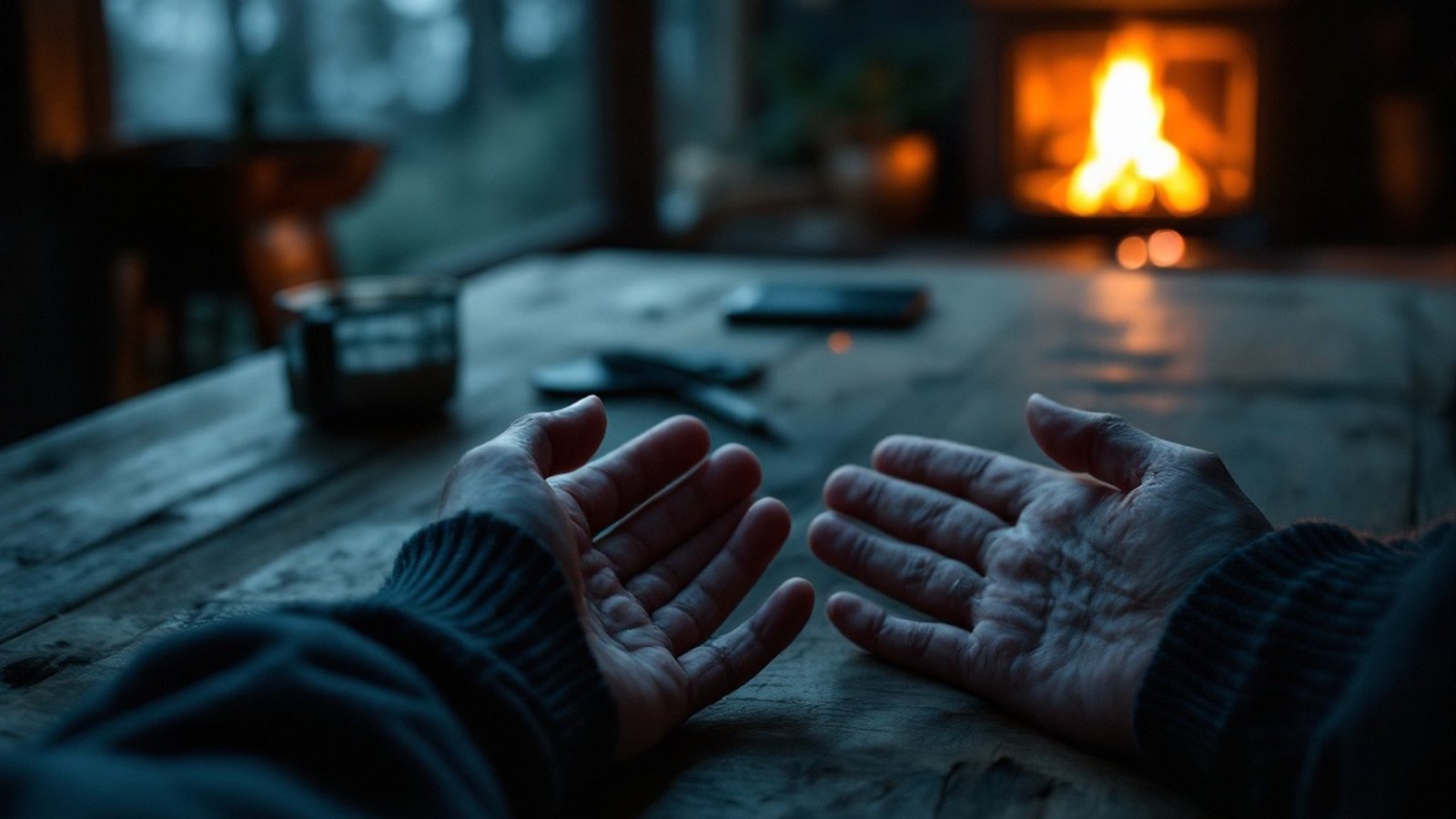 A pair of hands resting open on a rough wooden table, no phone in sight
