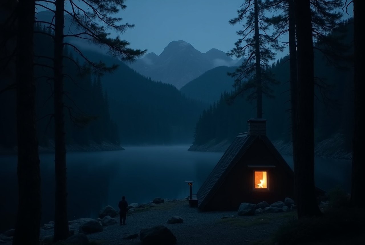 A single lit window of a dark cabin at dusk, treeline behind