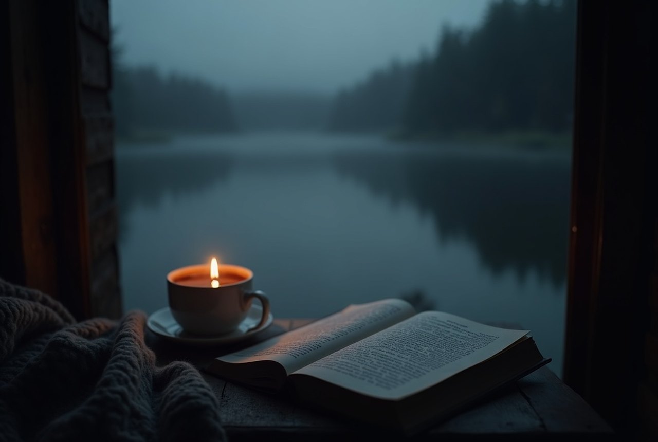 A book open face-down on a chair arm beside a cooling cup of tea
