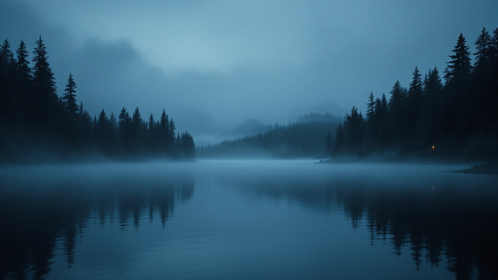 Mist lying over a still lake at dusk with dark pine trees on the far shore