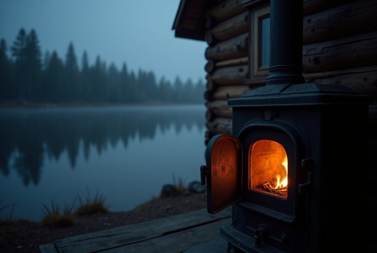 Close-up of a cast-iron stove door, slightly ajar, orange glow visible inside a small timber cabin