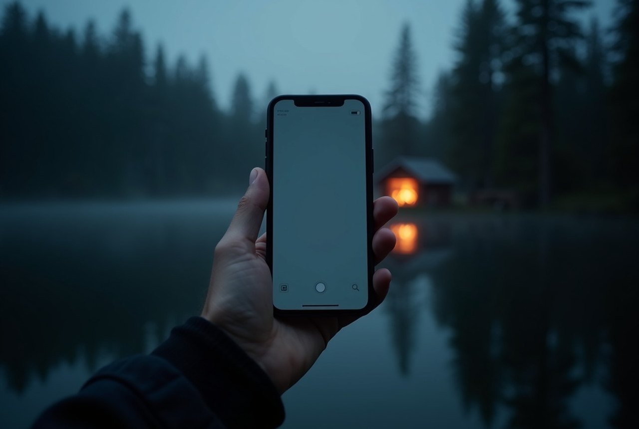A hand holding a phone showing no signal bars, surrounded by blurred pine forest