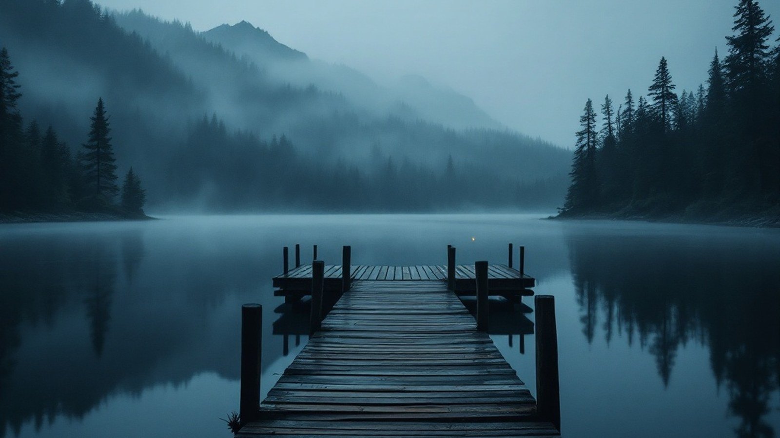 Mist lying low over a still lake at dawn, viewed from the end of a wooden jetty