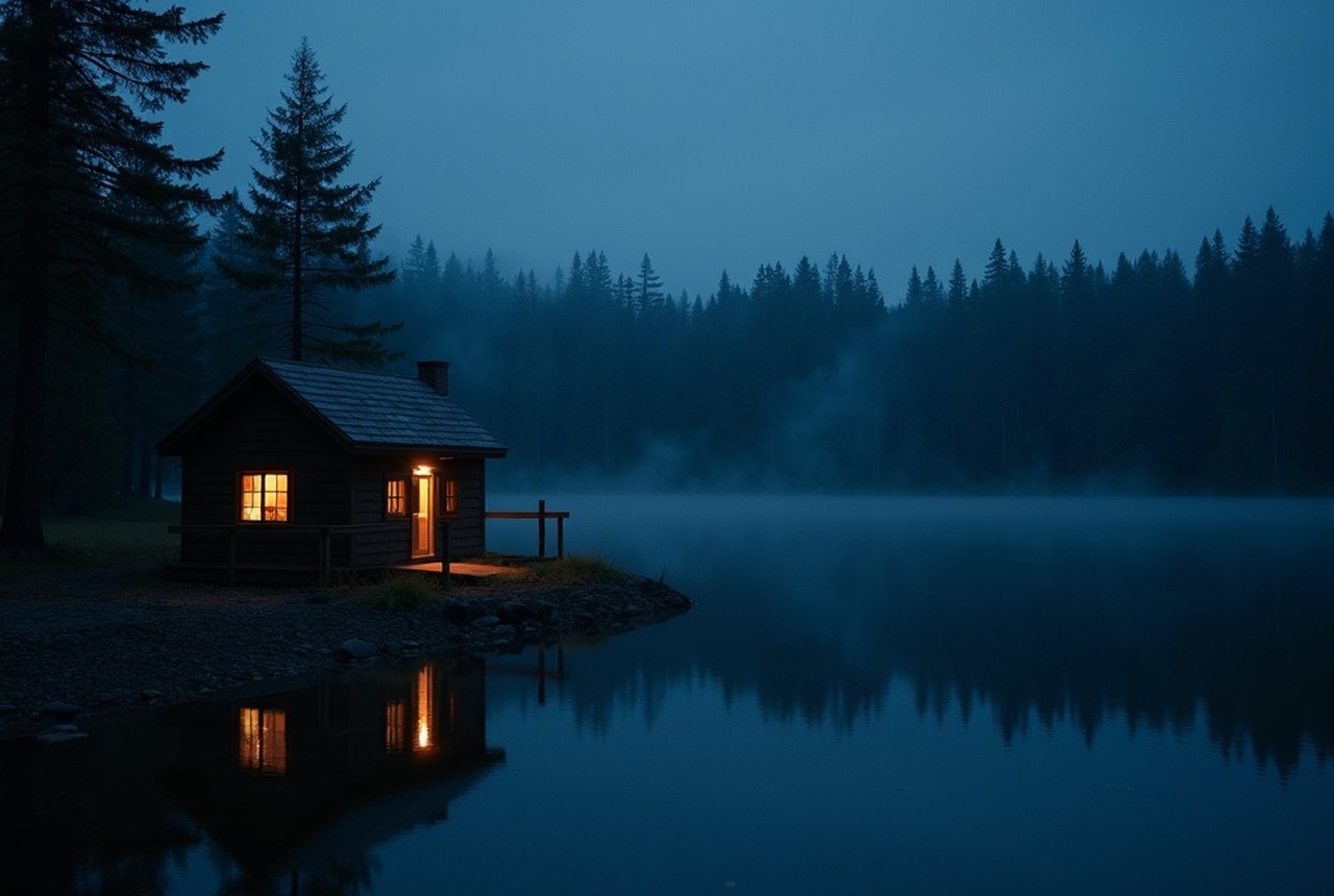 A single lit cabin window glowing amber against a darkening treeline at dusk