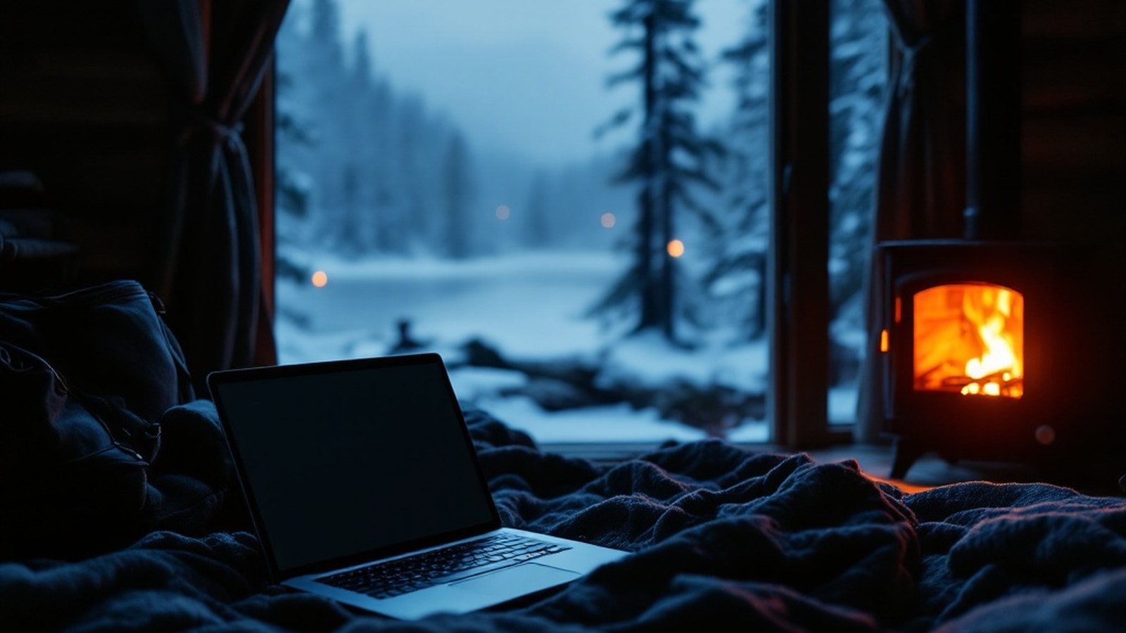 A closed laptop in the shadow of a dim cabin interior, a packed bag visible nearby