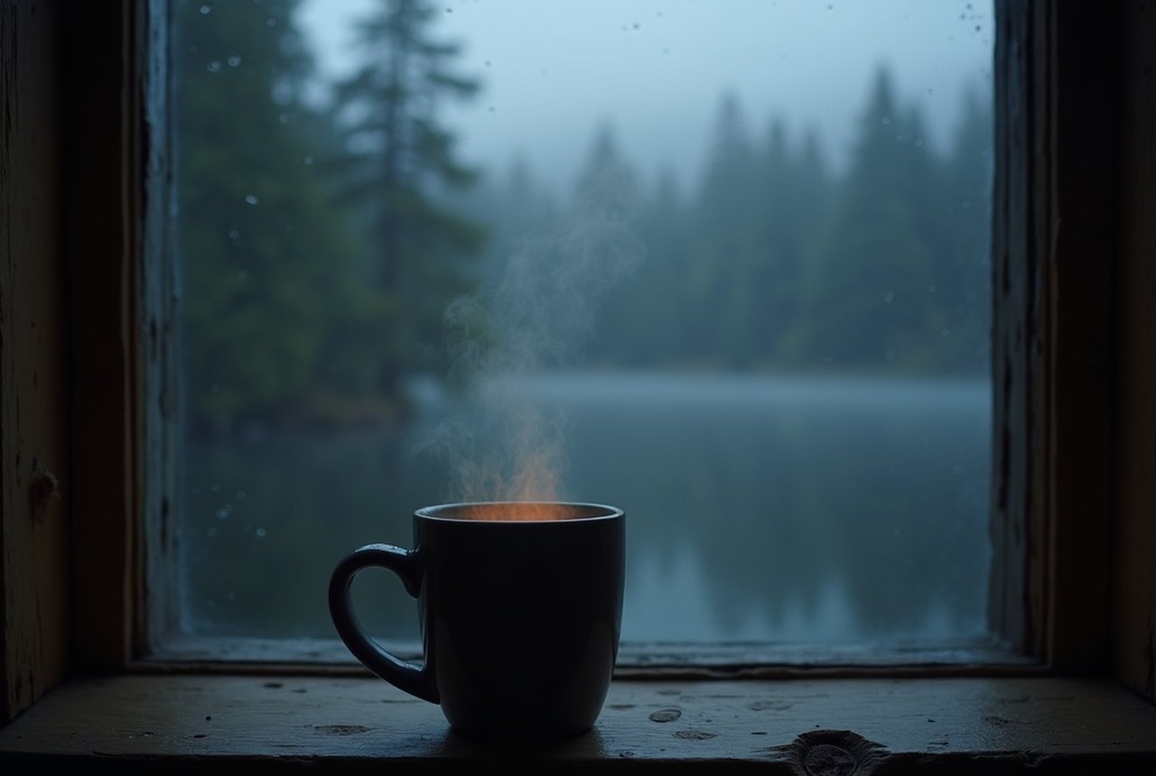 A steaming mug on a rough wooden windowsill, rain-blurred glass behind