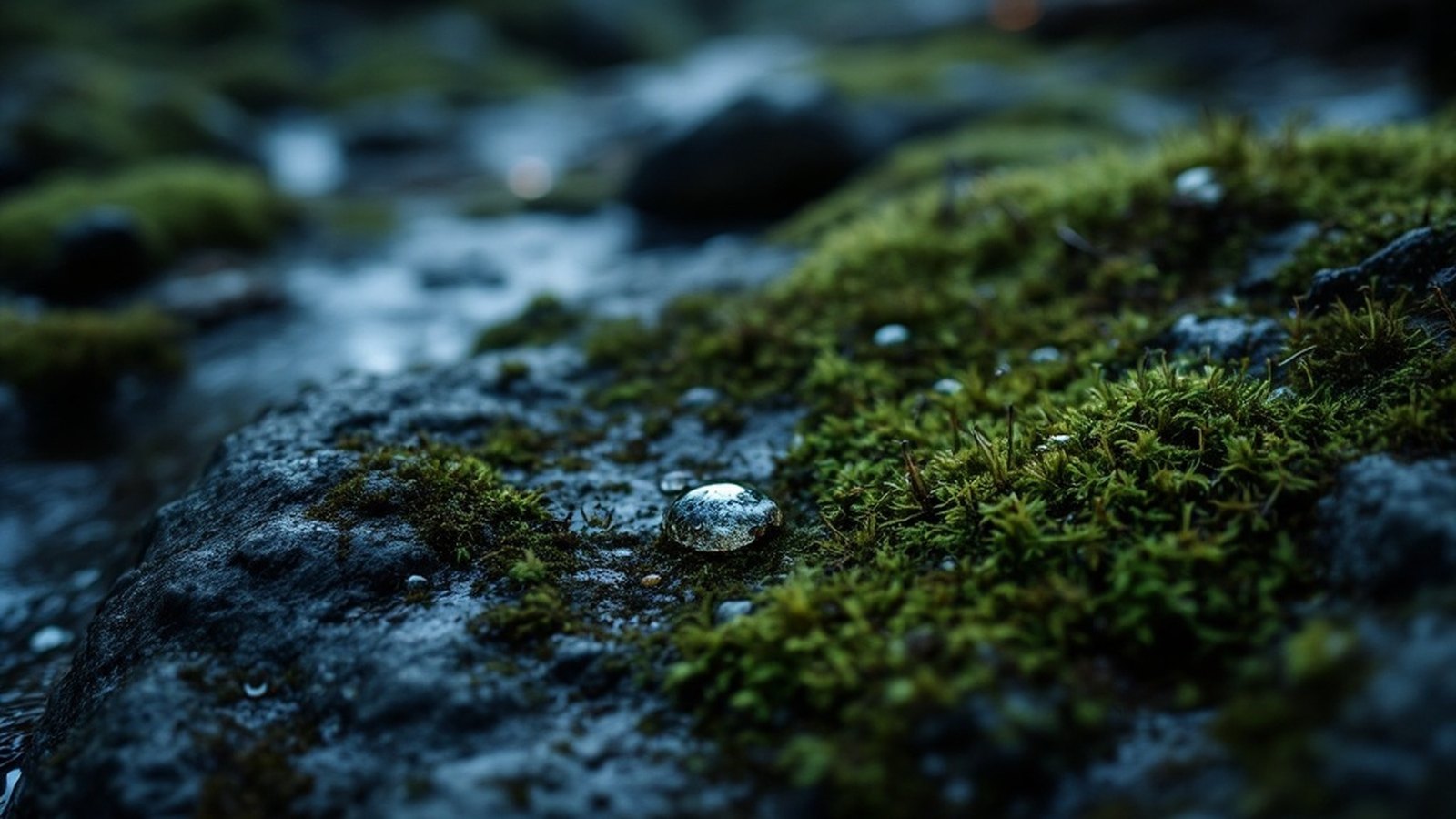Extreme close-up of moss on a wet stone, water droplets visible
