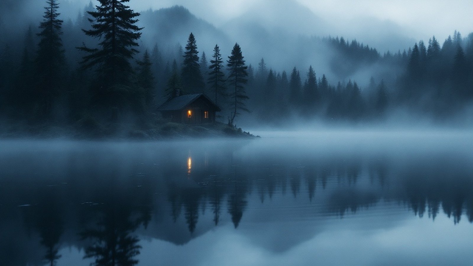 A still lake at early morning with thin mist on the surface