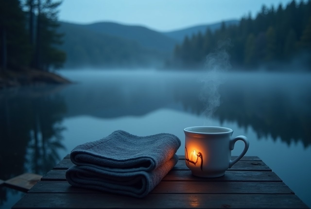 A folded towel and a steaming cup resting on a dock