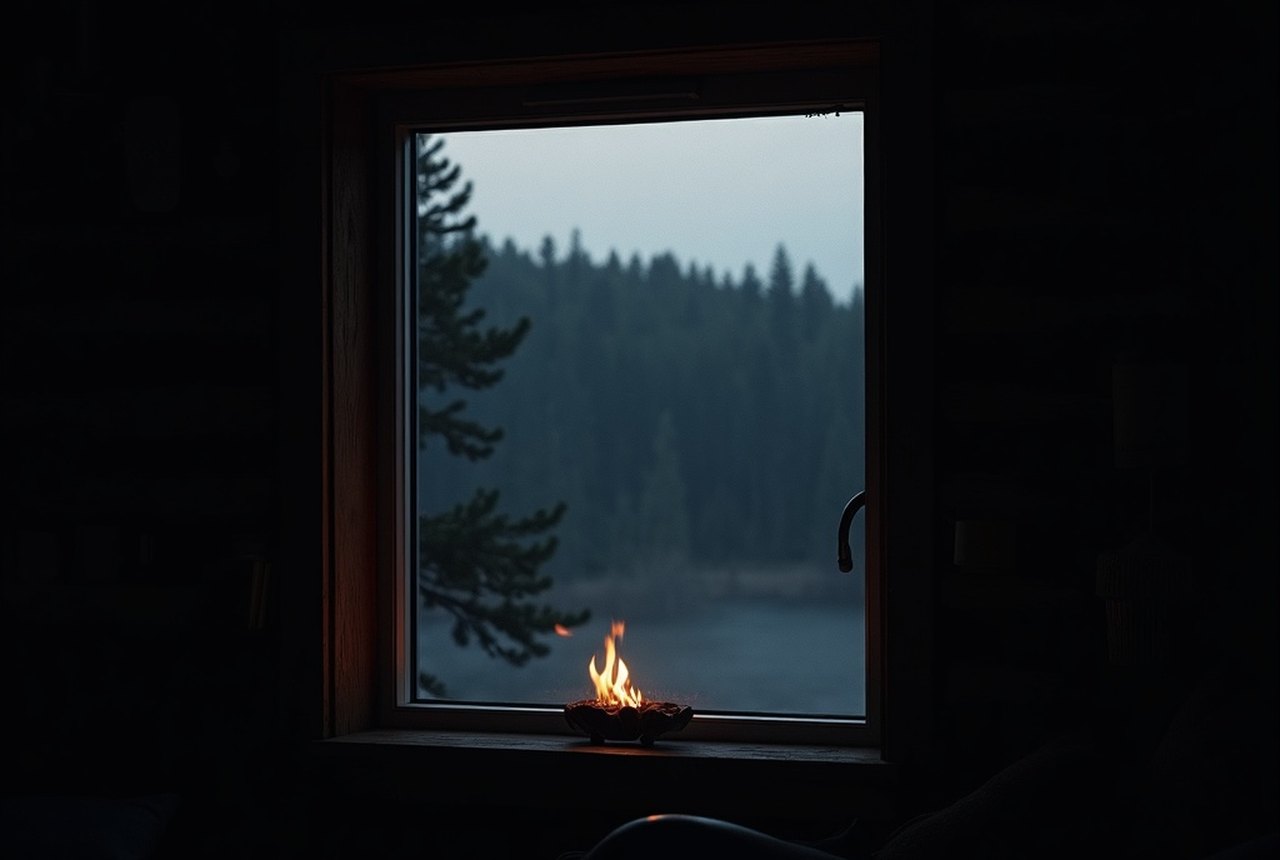 A single small window looking out onto a dark treeline, amber late-afternoon light