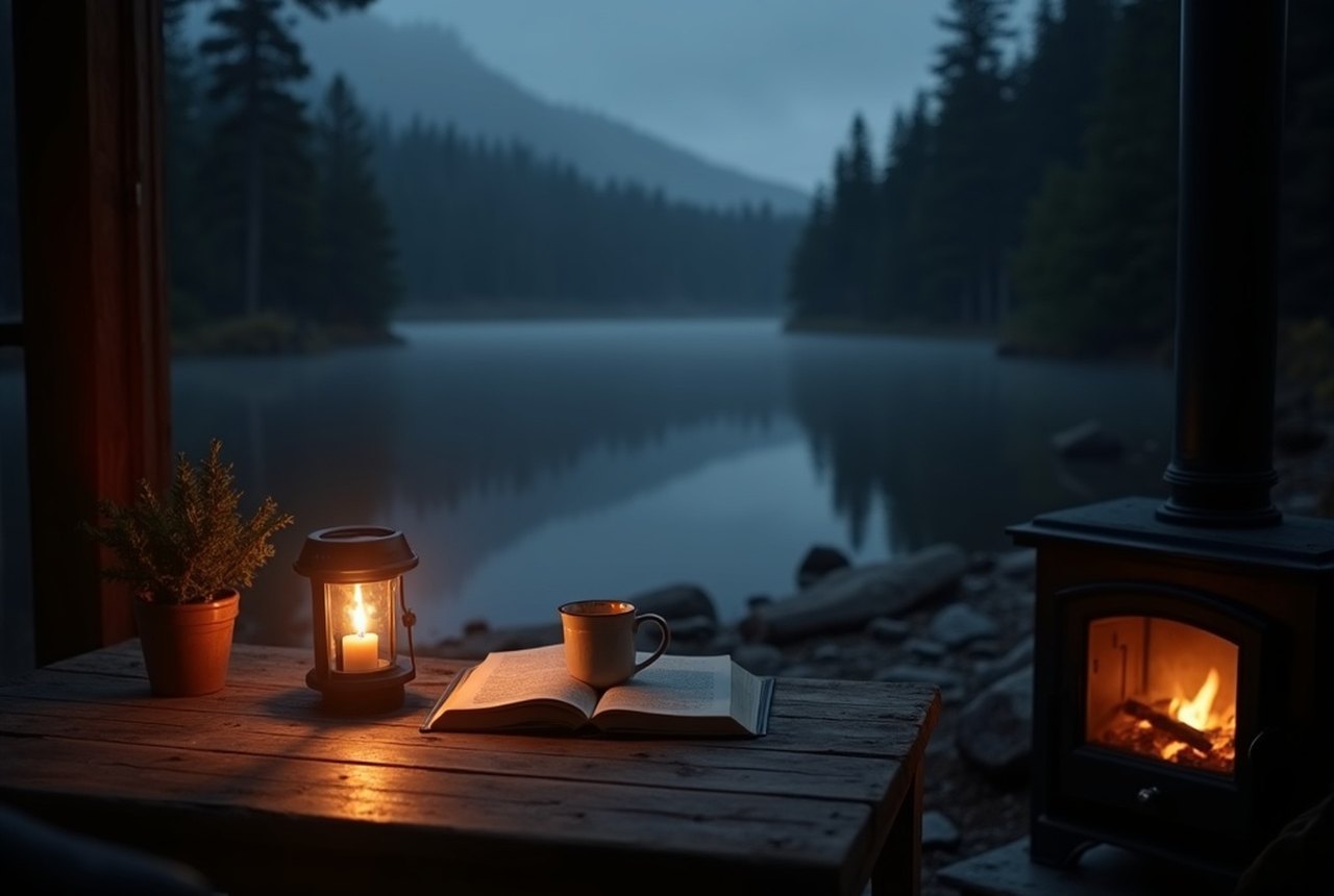 A wooden table with a lamp, an open book and a cup, everything else in warm shadow