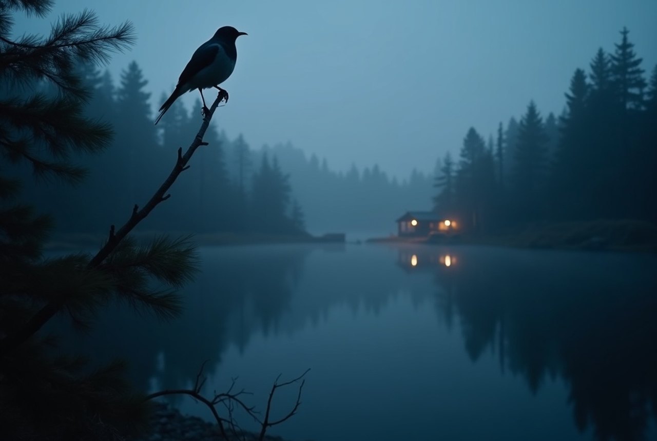 The silhouette of a bird perched on a branch against an overcast sky