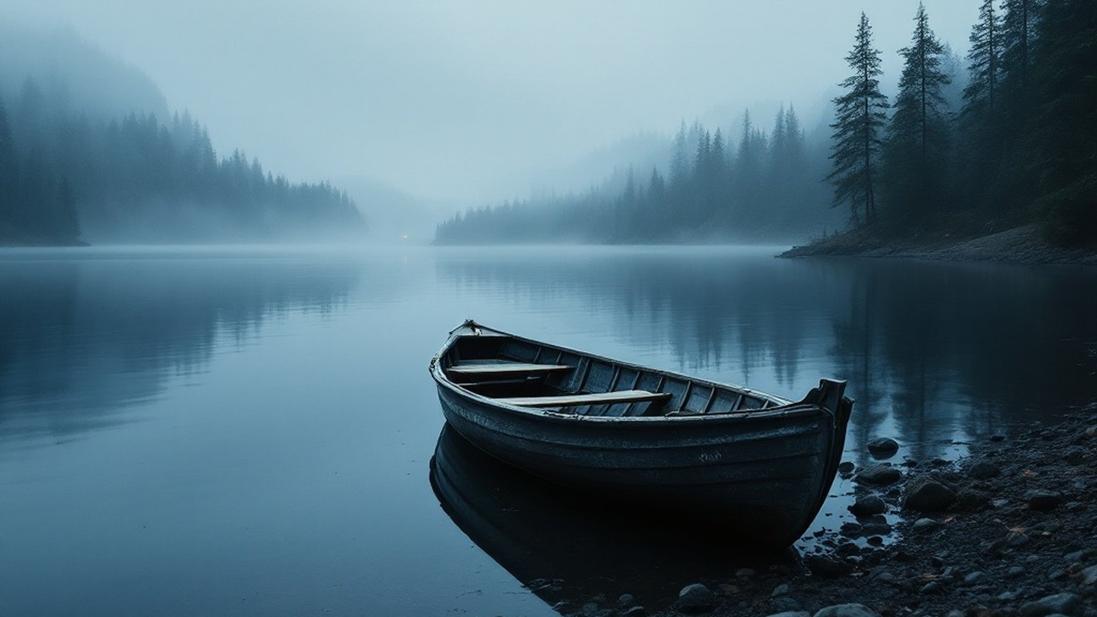A weathered wooden rowing boat beached at the edge of a calm, dark lake, oars tucked underneath