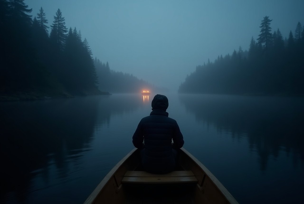View from inside a rowing boat looking back at a receding shoreline under overcast light