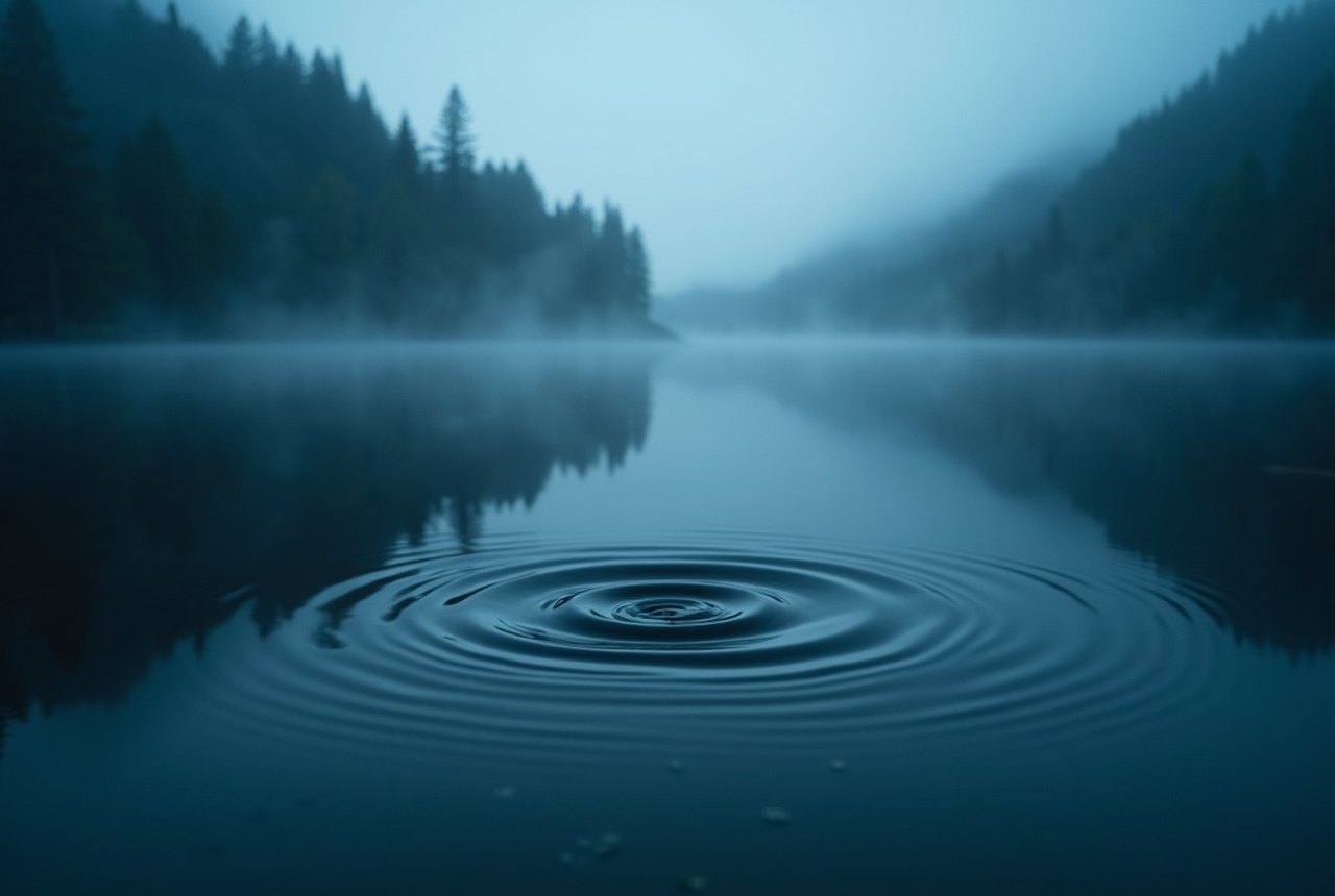 A still water surface with a single expanding ring, close up