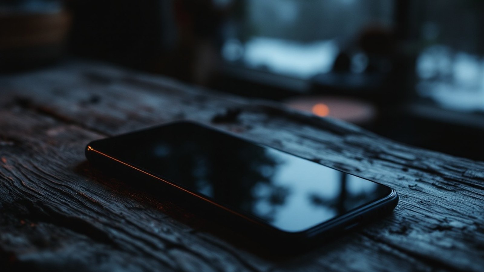 A phone lying face-down on a rough wooden surface, unlit