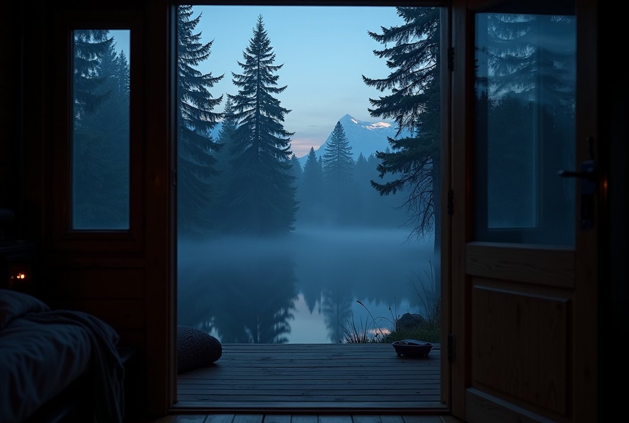 A treeline at dusk seen from a cabin doorway, wide shot