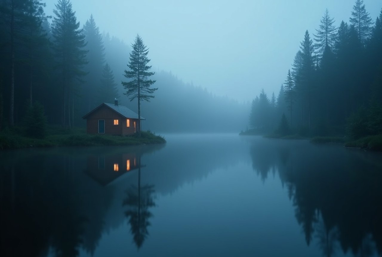 A still water surface reflecting a grey sky