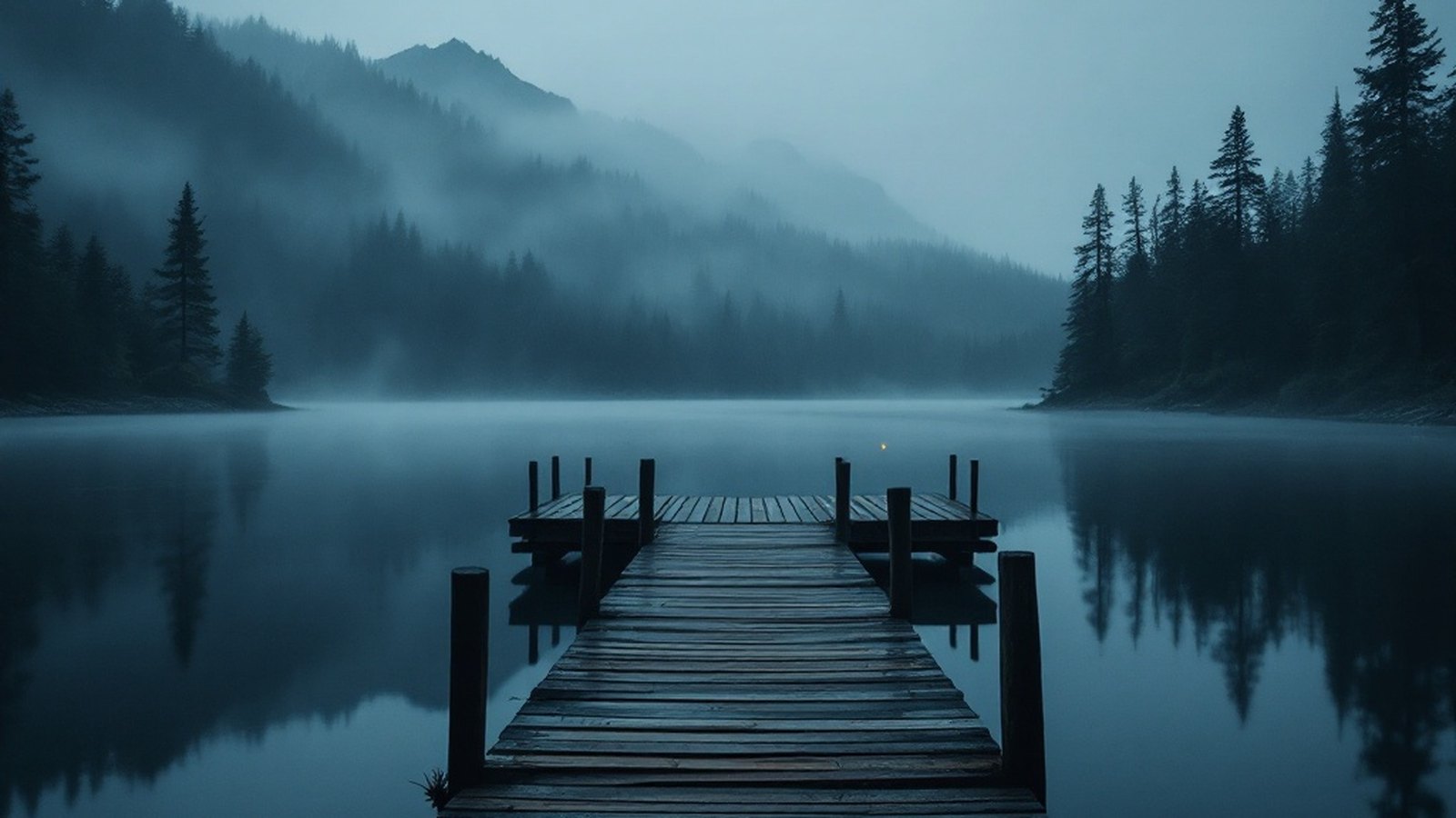 Mist lying low over a still lake at dawn, viewed from the end of a wooden jetty