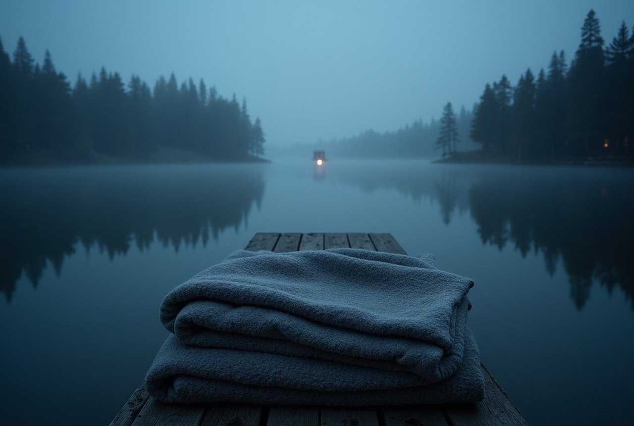 A wool blanket draped on weathered jetty boards in soft morning light