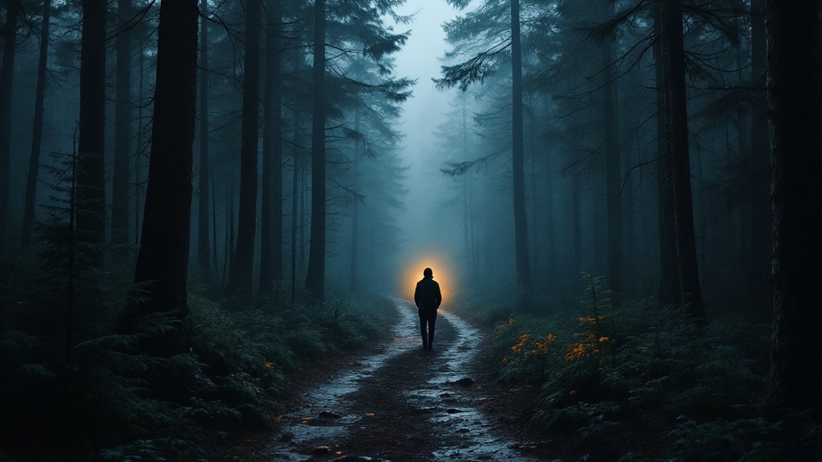 A dense, backlit forest path at low morning light