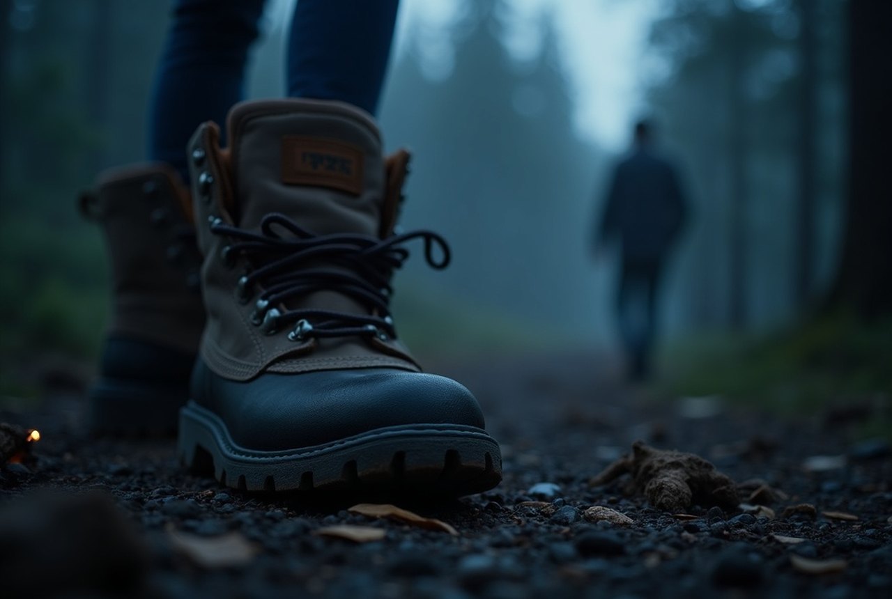 Close detail of a worn boot heel on a peat and root-crossed path