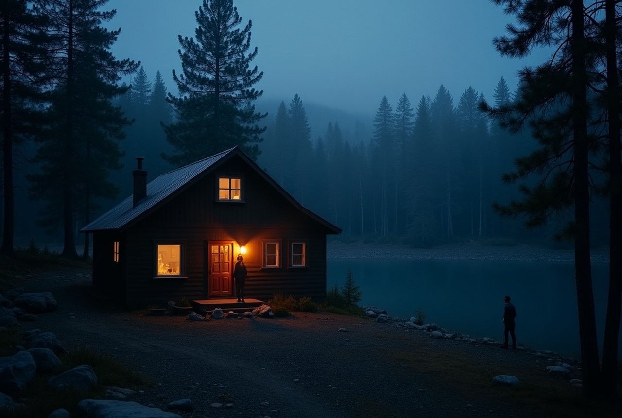 A cabin exterior at dusk, a single warm light in the window