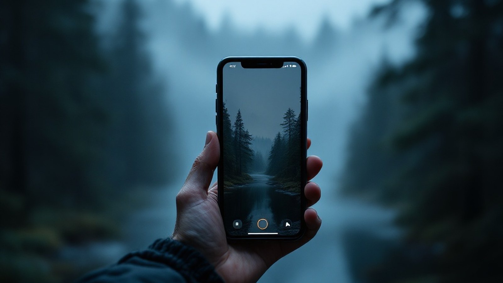 A hand holding a phone showing no signal bars, surrounded by blurred forest
