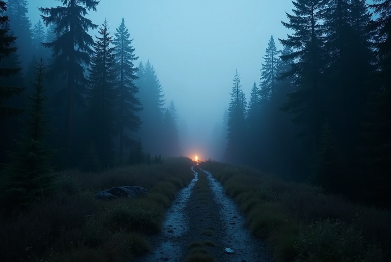 A trail disappearing into dense treeline under an overcast sky
