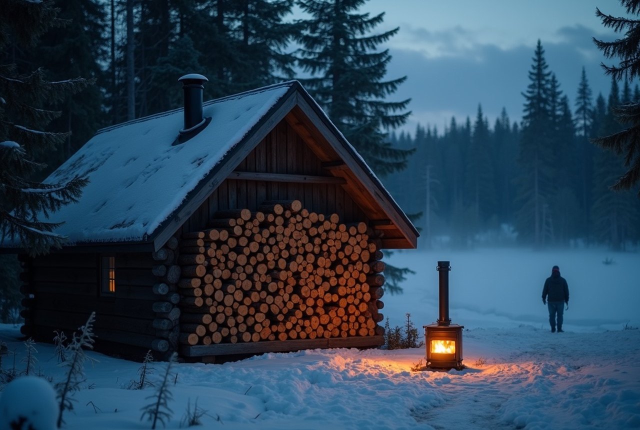 A neatly stacked woodpile under a lean-to roof, snow resting on top